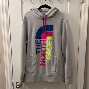 The North Face Light Grey Hoodie with Blue, Pink & Neon Yellow Logo